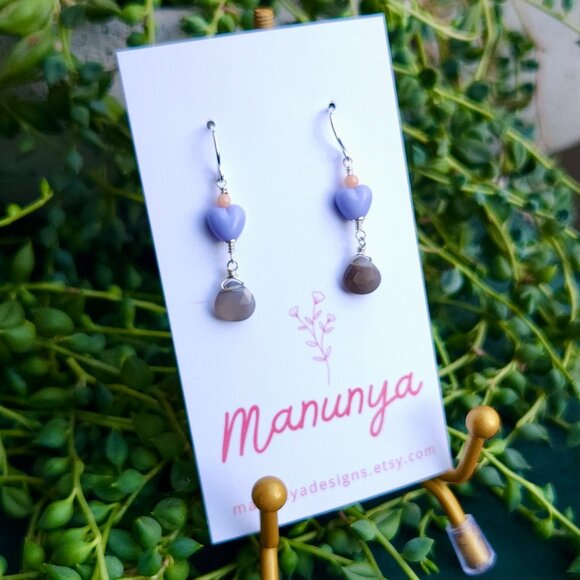 Heart Earrings with Semi-Precious Stones - Pink, Purple, Aqua, Blue - Picture 2 of 14